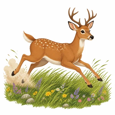 A long-legged deer running through a meadow.