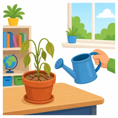 A drooping classroom plant with dry soil and a watering can nearby.