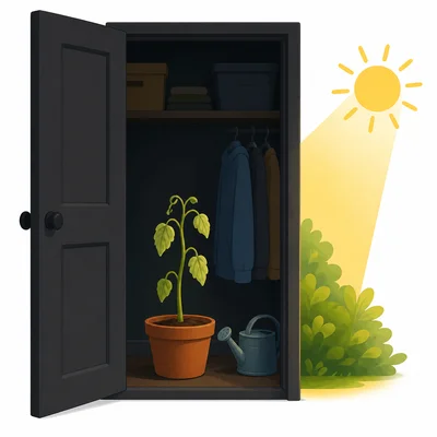 A bean plant in a dark closet with soil and water but no sunlight.