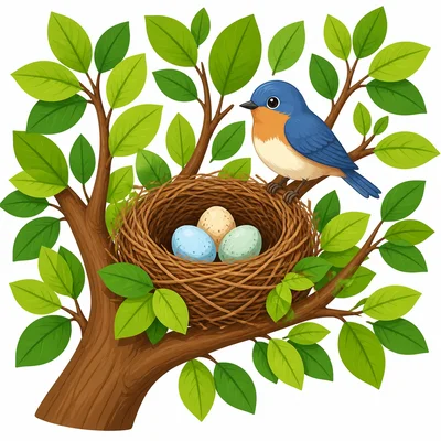 A bird nest in a tree holding eggs.