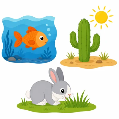 A fish in water, a cactus in sunlight, and a rabbit eating grass.