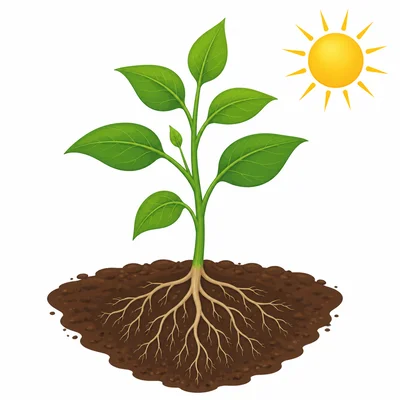 A plant with roots, stem, leaves, soil, and sunlight.