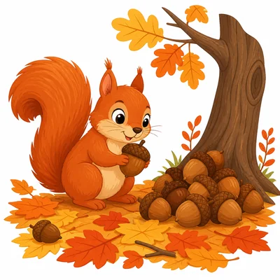 A squirrel collecting acorns in the fall.