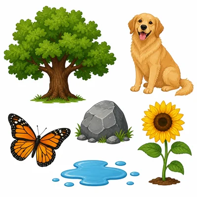 An oak tree, dog, rock, butterfly, and sunflower near water.