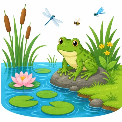 A frog beside a pond with water, plants, and insects.