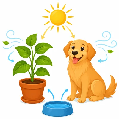 A plant and a dog shown with water, sunlight, and air.