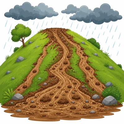 Rain washes soil down a hill.