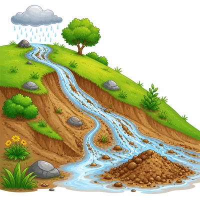 Water flows downhill, moves soil, and drops it at the bottom.