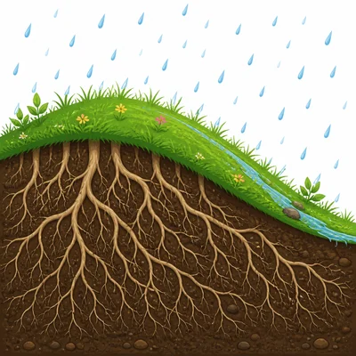 Grass roots hold soil on a hill.