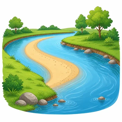 A slow river leaves sand along its bank.