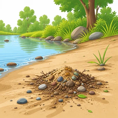Sand and rocks are left in a new place by water.