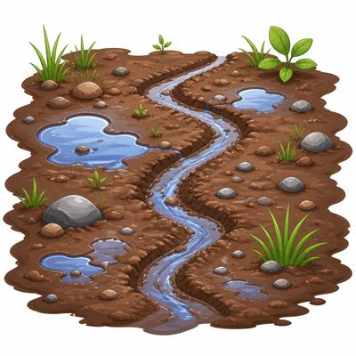 Rainwater makes a tiny path in dirt.