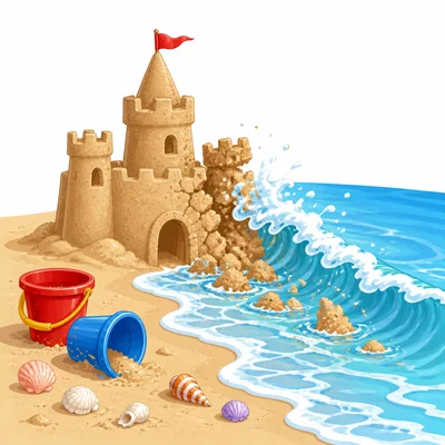 Waves break a sandcastle and carry sand away.