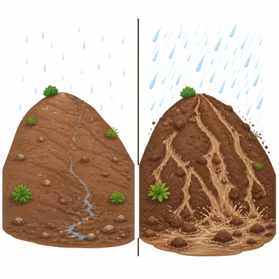 Heavy rain causes more soil runoff than a light sprinkle.