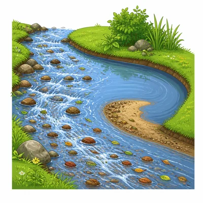 A slowing stream leaves sand near a bend.