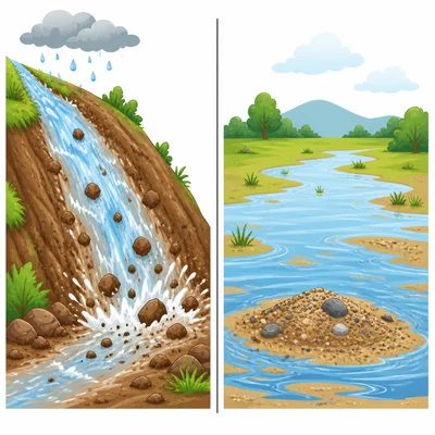 Fast water on a steep hill and slow water on flat land.