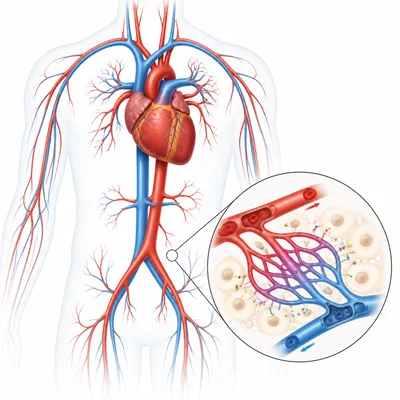 Diagram of the heart and blood vessels carrying materials to and from body cells.