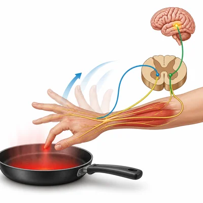 Illustration of a hand pulling away from a hot pan with nerves and muscles shown.