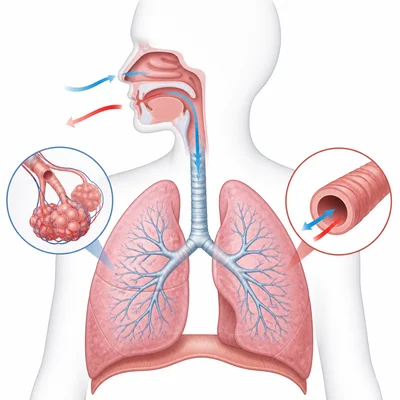 Diagram of lungs and airways showing air moving in and out.