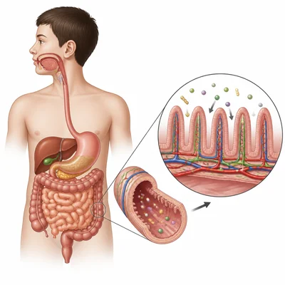Digestive system diagram showing food being broken down and nutrients entering blood vessels.