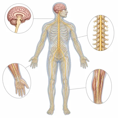 Diagram of the brain, spinal cord, and nerves throughout the body.