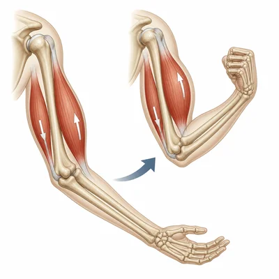 Arm diagram showing muscles pulling on bones to bend the elbow.