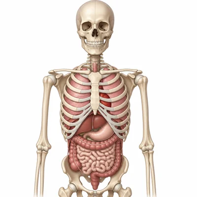 Skeleton diagram showing the skull and rib cage protecting organs.