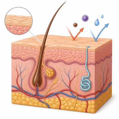 Skin cross-section showing layers, hair follicle, sweat gland, and barrier function.