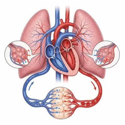Diagram showing lungs and heart working together to exchange gases and circulate blood.