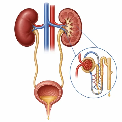 Diagram of kidneys filtering blood and sending liquid waste to the bladder.