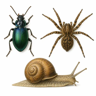 A beetle, spider, and snail shown together as examples of animal groups.