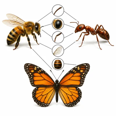 A bee, an ant, and a butterfly showing shared insect features.