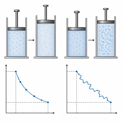 Comparison of an orderly reversible piston process and a turbulent irreversible gas expansion.