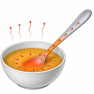 Heat flows from hot soup into a cooler metal spoon and along the spoon handle.