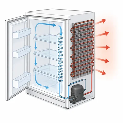 A refrigerator moves heat from its cold interior to warmer kitchen air through rear coils.