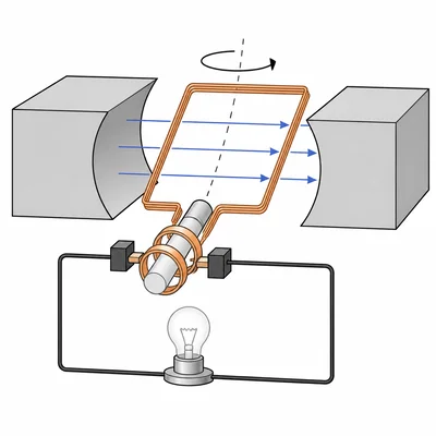 A simple generator with a rotating wire coil between magnets connected to an external circuit.