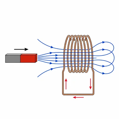 A bar magnet moving toward a wire coil, with magnetic field lines passing through the coil and induced current arrows.