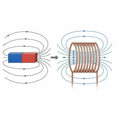 A magnet approaching a coil while the coil creates an opposing magnetic field, illustrating Lenz’s law.