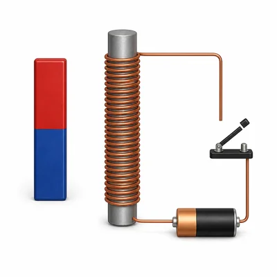 A permanent bar magnet shown beside an electromagnet made from a coil, iron core, battery, and switch.