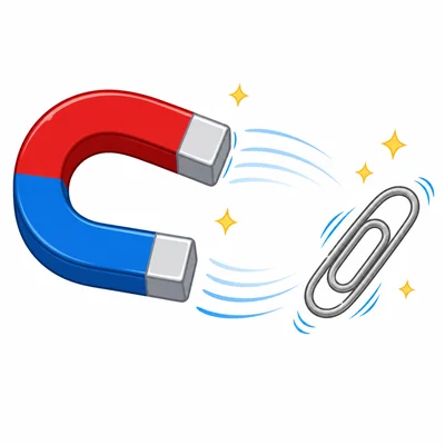A magnet pulling a paper clip toward it.