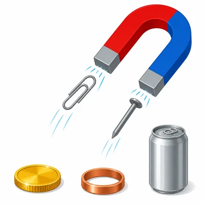 A magnet attracts some metal objects but not others.