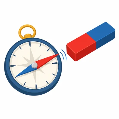 A compass needle turns when placed near a magnet.