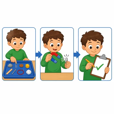 A child chooses an object, tests it with a magnet, and records the result.