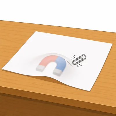 A magnet under a sheet of paper still pulls a paper clip.