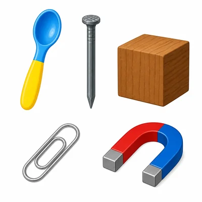 A plastic spoon, iron nail, wooden block, and steel paper clip near a magnet.