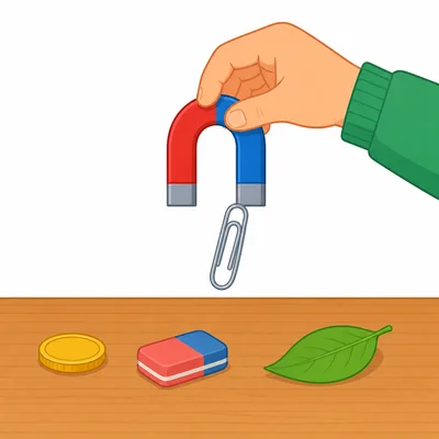 A magnet picks up only a paper clip while a coin, eraser, and leaf stay down.