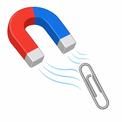 A magnet pulling a paper clip across a small gap.