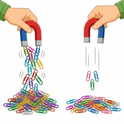 A close magnet picks up many paper clips, while a farther magnet picks up fewer.