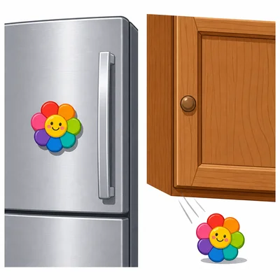 A magnet sticks to a refrigerator door but not to a wooden cabinet.