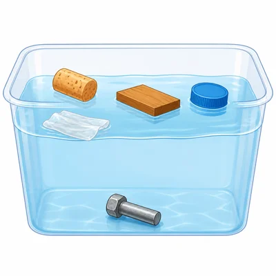 Cork, wood, and plastic floating in water while metal rests at the bottom.